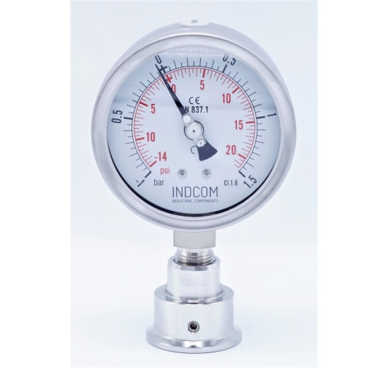 celonerezový tlakoměr s oddělovací membránou clamp (límeček 50,5 mm), číselník 100 mm, -1 až 1,5 bar