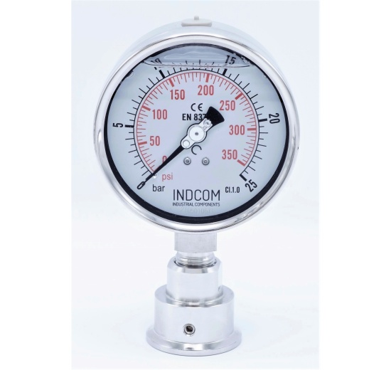 celonerezový tlakoměr s oddělovací membránou clamp (límeček 50,5 mm), číselník 100 mm, 0-25 bar