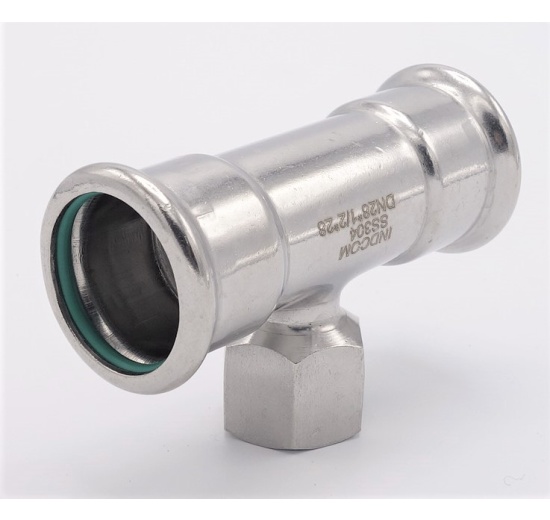 T-kus, lisovací F/F(závit vnitřní)/F 28_1/2"_28, nerezová ocel