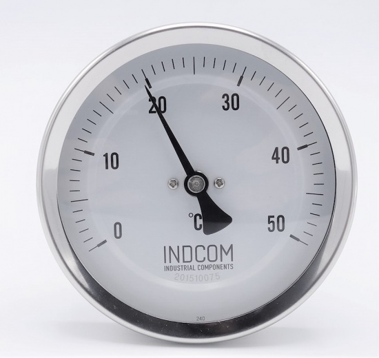 Celonerezový bimetalový teploměr s ponorným dříkem, závitový, úhlový přípoj, 0-50 ℃ (1/2”) 100 mm