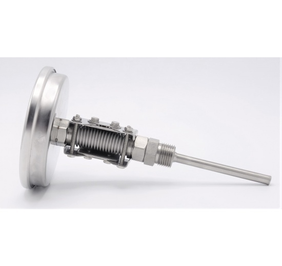 Celonerezový bimetalový teploměr s ponorným dříkem, závitový, úhlový přípoj, 0-50 ℃ (1/2”) 100 mm