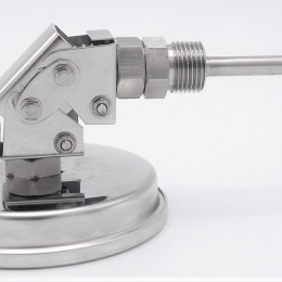 Celonerezový bimetalový teploměr s ponorným dříkem, závitový, úhlový přípoj