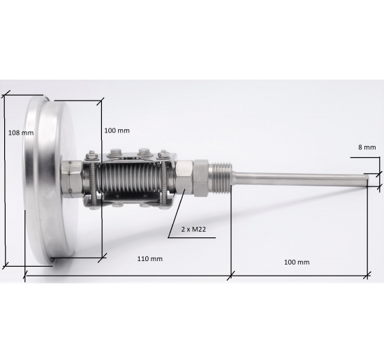 Celonerezový bimetalový teploměr s ponorným dříkem, závitový, úhlový přípoj