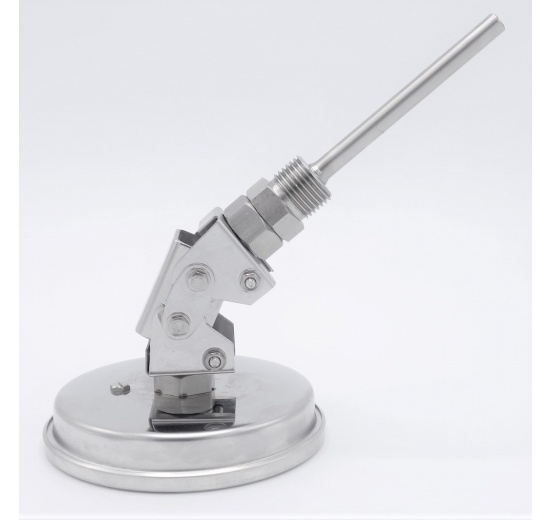 Celonerezový bimetalový teploměr s ponorným dříkem, závitový, úhlový přípoj