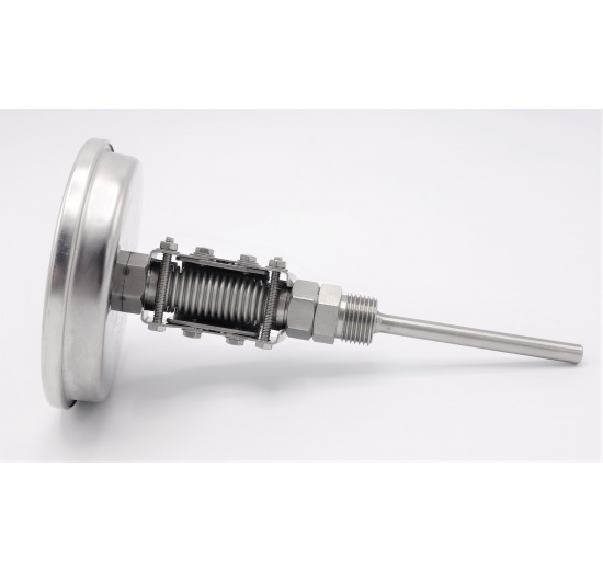 Celonerezový bimetalový teploměr s ponorným dříkem, závitový, úhlový přípoj