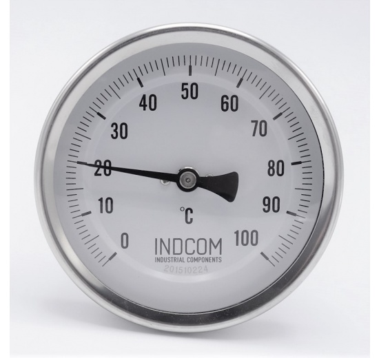 Celonerezový bimetalový teploměr s ponorným dříkem, závitový, úhlový přípoj