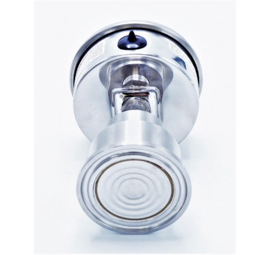 celonerezový manometr s clamp oddělovací membránou (límeček 50,5 mm), zadní připojení tlakoměru k membráně, číselník 63 mm, rozsah měření 0-1 bar