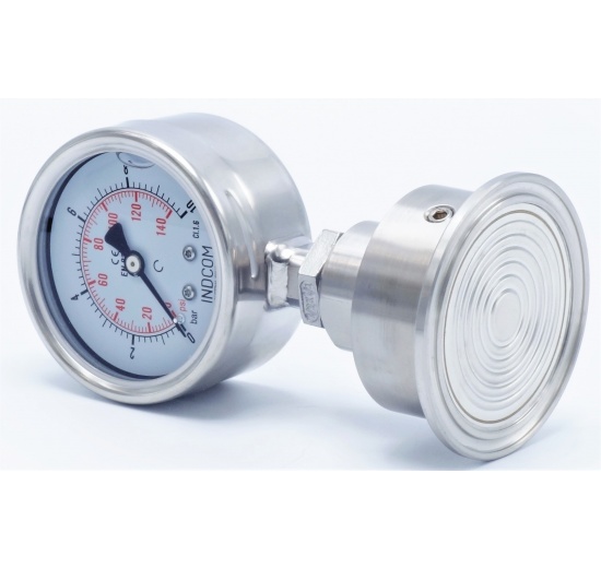 celonerezový manometr s oddělovací membránou, 0-10 bar, číselník 63 mm, límeček 64 mm, clamp připojení