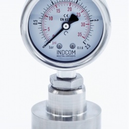 celonerezový manometr s oddělovací membránou, 0-2.5 bar, číselník 63 mm, límeček 64 mm, clamp připojení