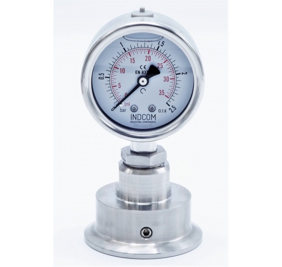 celonerezový manometr s oddělovací membránou, 0-2.5 bar, číselník 63 mm, límeček 64 mm, clamp připojení