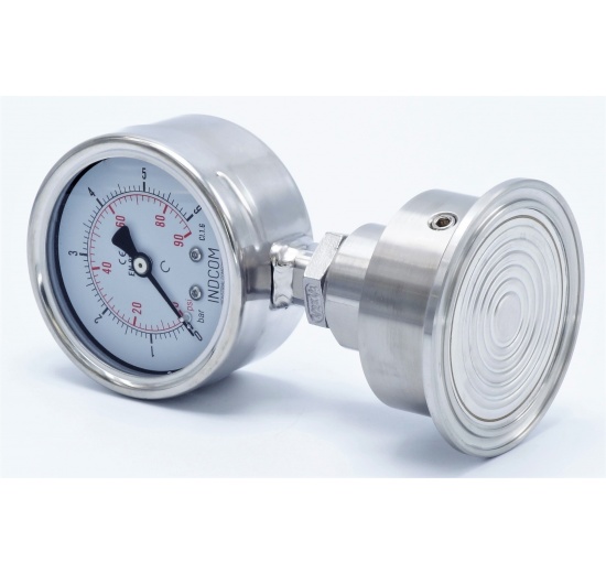 celonerezový manometr s oddělovací membránou, 0-6 bar, číselník 63 mm, límeček 64 mm, clamp připojení