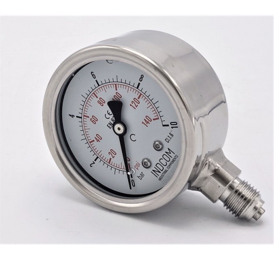 Celonerezový tlakoměr 0 - 10 bar  se spodním připojením (závit vnější 1/4”)