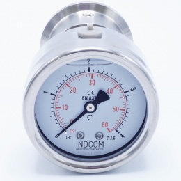 celonerezový tlakoměr, číselník 63 mm (zadní připojení), s oddělovací membránou clamp 50.5 mm, 0-4 bar