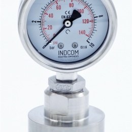 celonerezový tlakoměr s oddělovací membránou, číselník 63 mm, clamp, límeček 64 mm, 0-10 bar