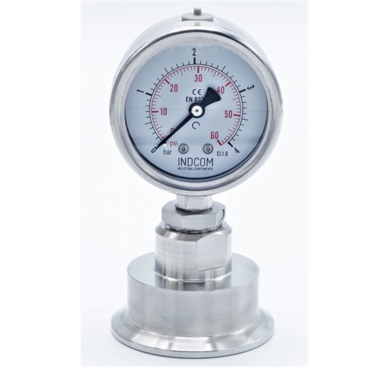 celonerezový tlakoměr s oddělovací membránou, číselník 63 mm, clamp, límeček 64 mm, 0-4 bar