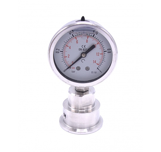 Celonerezový tlakoměr s oddělovací membránou CLAMP DIN 32676, 63mm | 0-1 bar, DN40 CLAMP - límeček 50,5 mm)