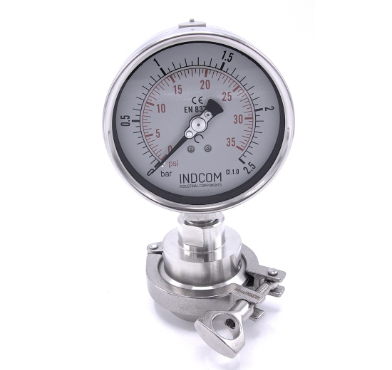 Celonerezový tlakoměr s oddělovací membránou CLAMP DIN 32676, číselník 100 mm | 0 - 2,5 bar