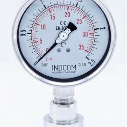 celonerezový tlakoměr s oddělovací membránou clamp (límeček 50,5 mm), číselník 100 mm, 0-2,5 bar