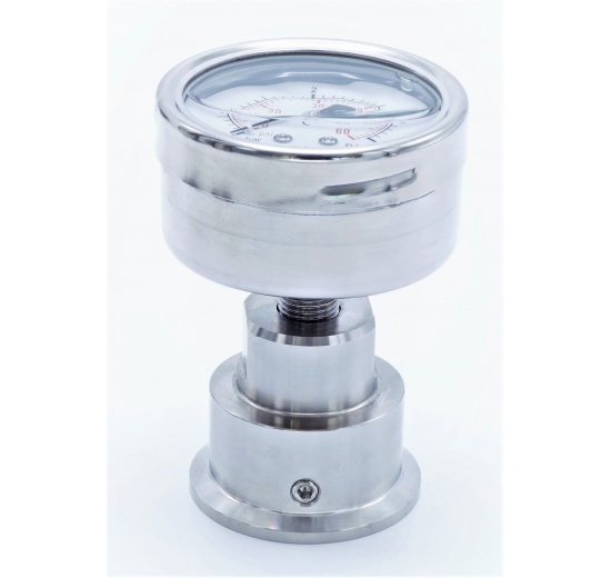 celonerezový tlakoměr s oddělovací membránou clamp (límeček 50,5 mm), číselník 63 mm, zadní připojení, rozsah měření 0-4 bar