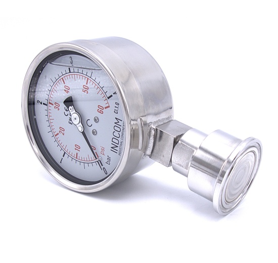 Celonerezový tlakoměr s oddělovací membránou, 100 mm, 0-4 bar, (CLAMP límeček - 50.5 mm)
