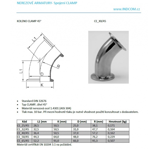 CLAMP DIN 32676 koleno 45° bezešvé - rozměry