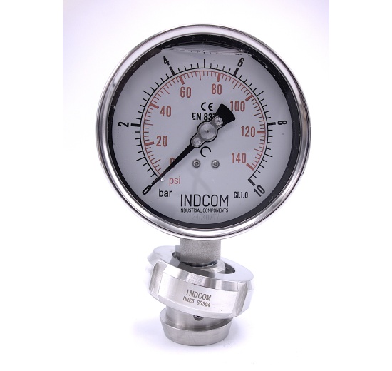 Tlakoměr s oddělovací membránou, potravinářské šroubení DIN 11851, číselník 100 mm,matice DN25, 0-4 bar
