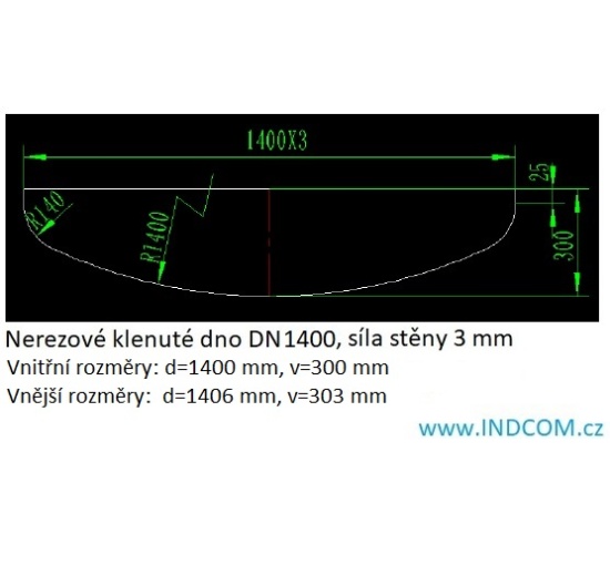 Nerezové klenuté dno| DN1400 (1406x3 mm) - rozměry