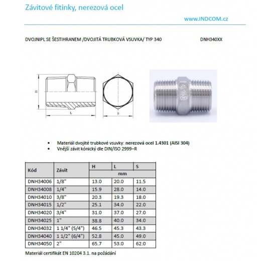 Dvojnipl se šestihranem /dvojitá trubková vsuvka/ - typ 340, 1/8"