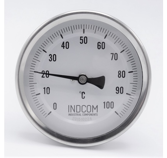 Celonerezový bimetalový teploměr s ponorným dříkem, závitový, úhlový přípoj