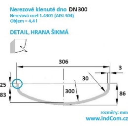 Nerezové klenuté dno|DN300 (306x3 mm), šikmá hrana