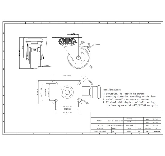 Kolečka transportní, otočná, s brzdou, nerezová, průměr 75 mm