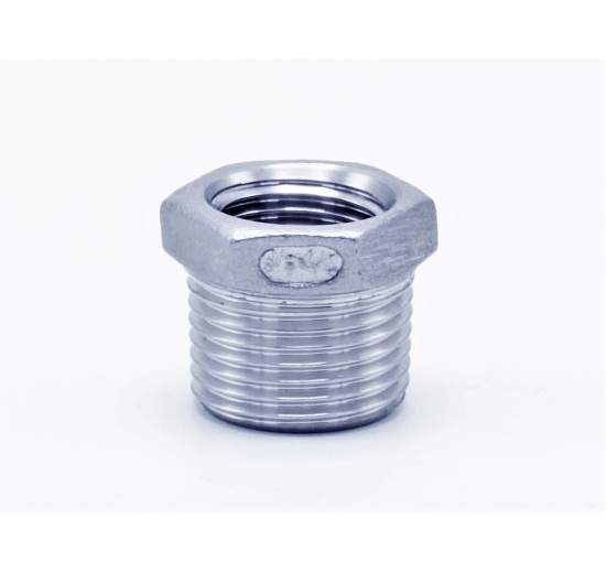 nerezová redukce se šestihranem, vnější závit kuželový 3/8", vnitřní závit válcový 1/4", závitová fitinka