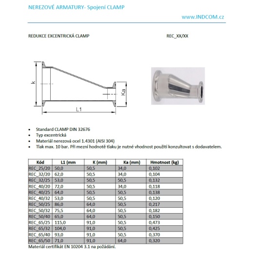 Redukce excentrické, CLAMP Potrubní spoje v potravinářském a nápojovém průmys Potravinářské armatury
