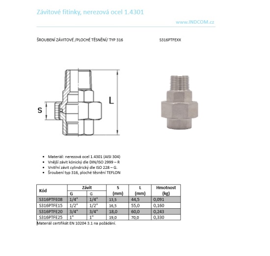 Šroubení závitové, ploché těsnění, typ 316