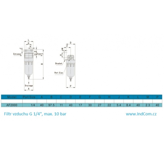 filtr vzduchu G 1/4", max. 10 bar - rozměry