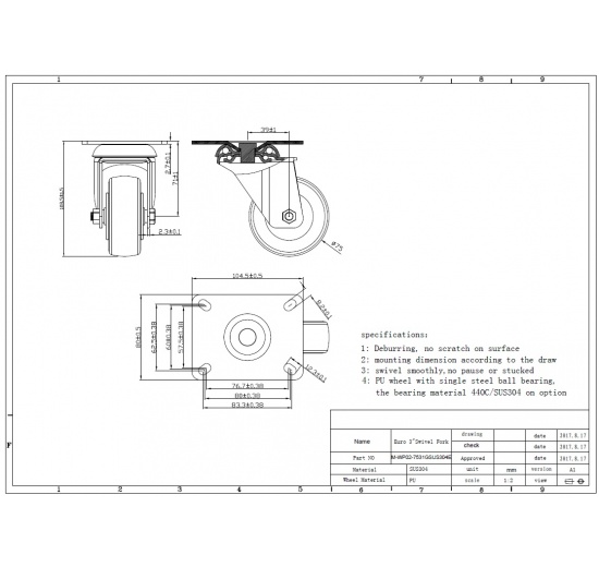 Kolečka transportní, otočná, nerezová, průměr 75 mm