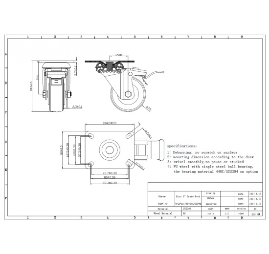 Kolečka transportní, otočná, s brzdou, nerezová, průměr 75 mm