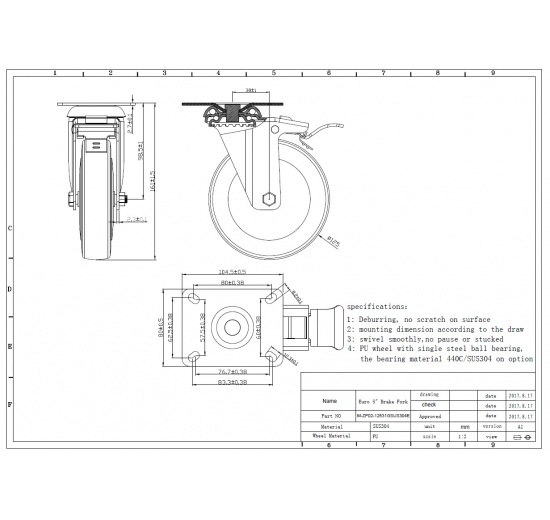 kolečka transportní, s brzdou, průměr 125mm