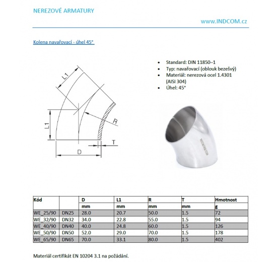 Kolena navařovací - úhel 45° Kolena  oblouk MATERIÁL AISI 304 DIN1.4301