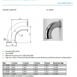 Kolena spojení CLAMP  úhel 90° Potrubní spoje v potravinářském a nápojovém průmyslu
