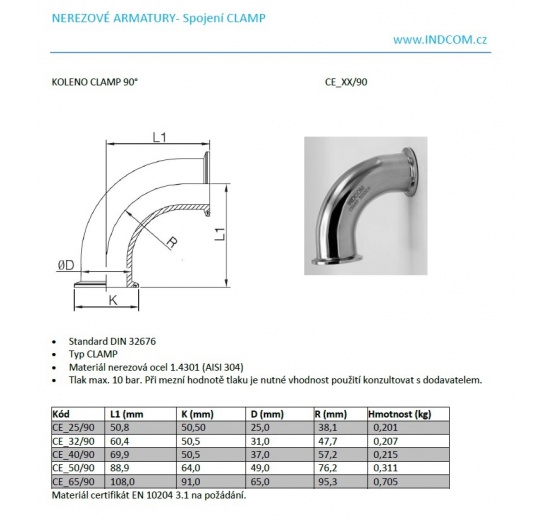 Kolena spojení CLAMP  úhel 90° Potrubní spoje v potravinářském a nápojovém průmyslu
