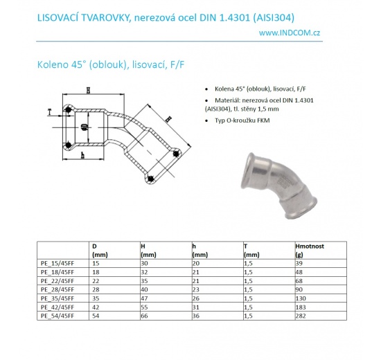 Koleno 45° (oblouk), lisovací nerez