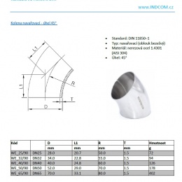 Koleno navařovací 45°| DN50 (52x1,5mm)
