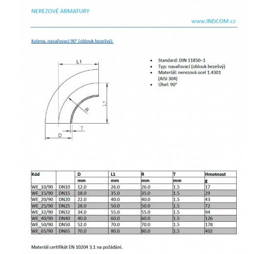 Koleno navařovací 90° (oblouk), | DN10 (12 x 1,5 mm)