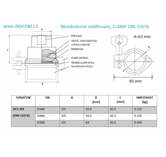 Membrane separator, CLAMP DIN 32676, collar 50.5 mm, internal thread 1/