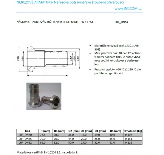 Nástavec adaptér hadicový s kuželovým hrdlem DIN