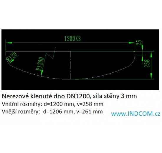 Nerezové klenuté dno| DN1200 (1206x3 mm) - rozměry