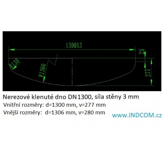 Nerezové klenuté dno| DN1300 (1306x3 mm) - rozměry