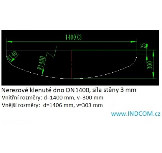 Nerezové klenuté dno| DN1400 (1406x3 mm) - rozměry