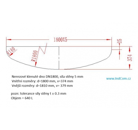 Nerezové klenuté dno DN1800- vnější průměr 1809 mm, síla stěny 4.5 mm